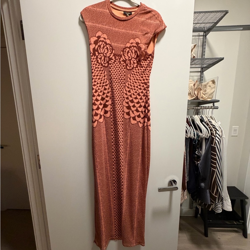 Chic Orange Maxi Dress with Floral Design
